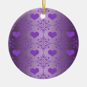 Pretty Lavender Purple Hearts Damask Ceramic Tree Decoration