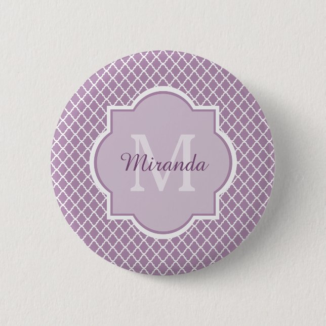 Pretty Lavender Purple Quatrefoil Monogrammed Name 6 Cm Round Badge (Front)