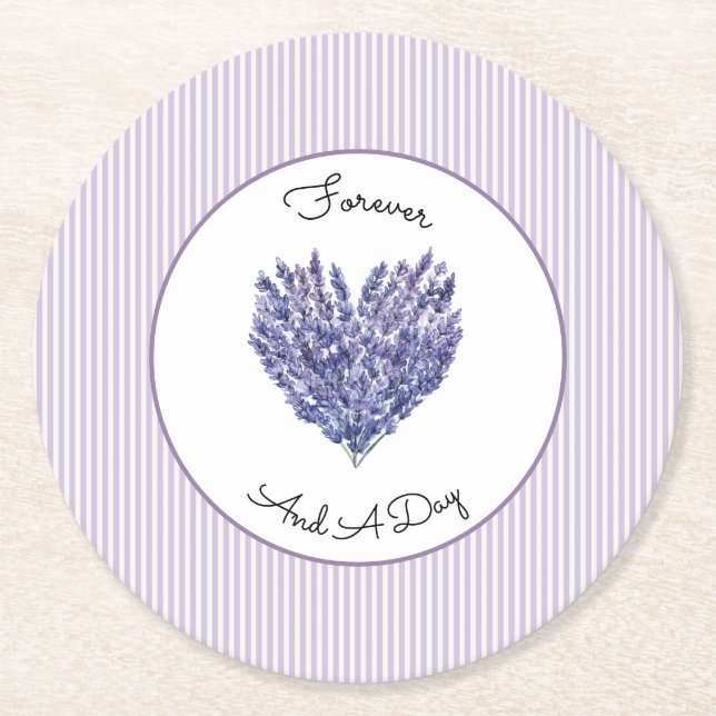 Pretty Lavender White Stripes Wedding Round Paper Coaster (Front)