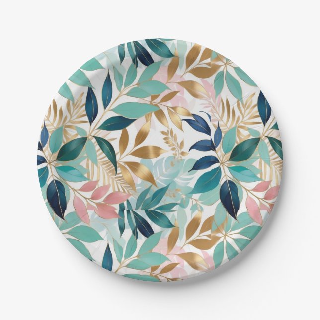 Pretty Leaf Pattern Pink Aqua Paper Plate (Front)