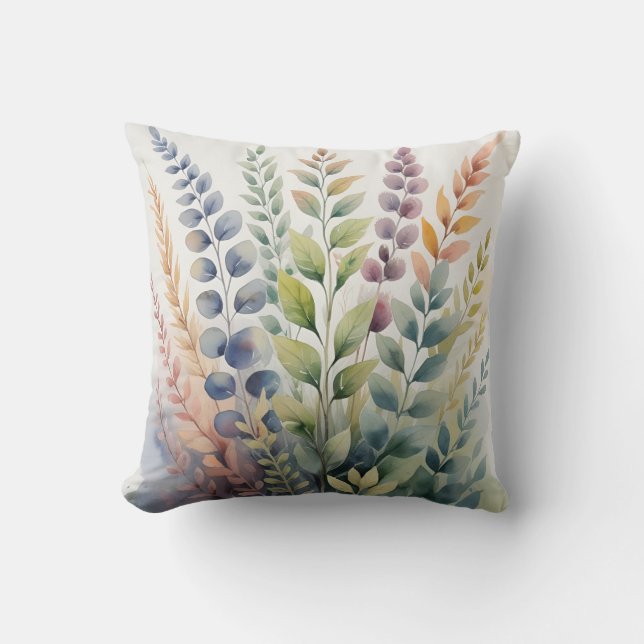 Pretty Leaves Soft Colourful Watercolors Cushion (Front)