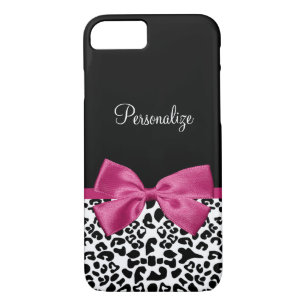 Pretty Leopard Print Name and Classy Deep Pink Bow iPhone 8/7 Case
