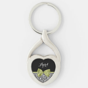 Pretty Leopard Print Spring Green Bow With Name Key Ring