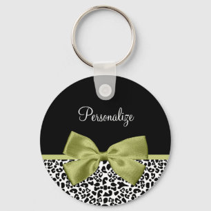 Pretty Leopard Print Spring Green Bow With Name Key Ring