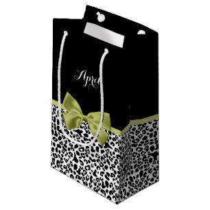 Pretty Leopard Print Spring Green Bow With Name Small Gift Bag