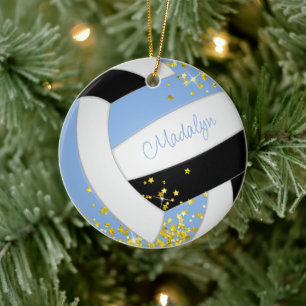 pretty light blue black volleyball gold stars ceramic tree decoration