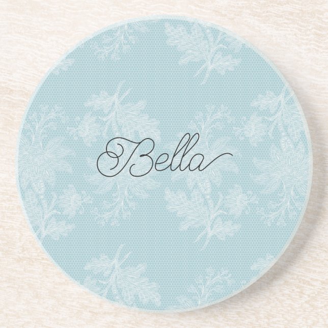 Pretty Light Blue White Floral Faux Lace   Coaster (Front)