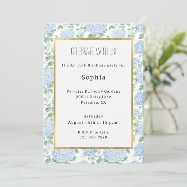Pretty Light Blue White Flowers Birthday Invitation (Standing Front)