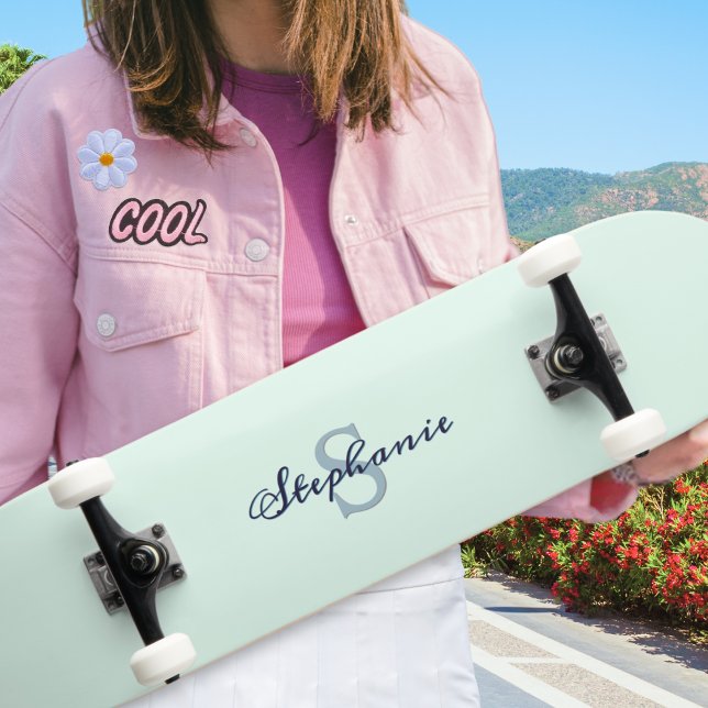 Pretty Light Green Elegant Simple Cute Monogrammed Skateboard (A monogrammed skateboard in cool mint green. The custom name is in an elegant script font.)