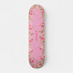 Pretty Light Pink & Pink Roses & Pink Butterflies Skateboard