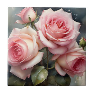 Pretty light pink roses garden watercolor painting tile