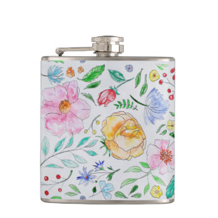 Pretty Light Watercolor Flowers and Buds Pattern Hip Flask