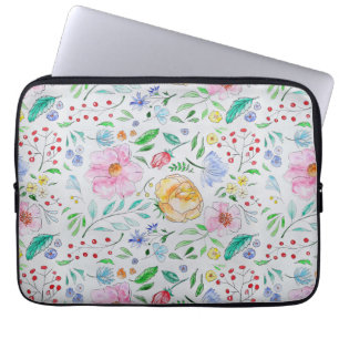 Pretty Light Watercolor Flowers and Buds Pattern Laptop Sleeve