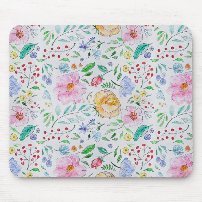Pretty Light Watercolor Flowers and Buds Pattern Mouse Pad (Front)