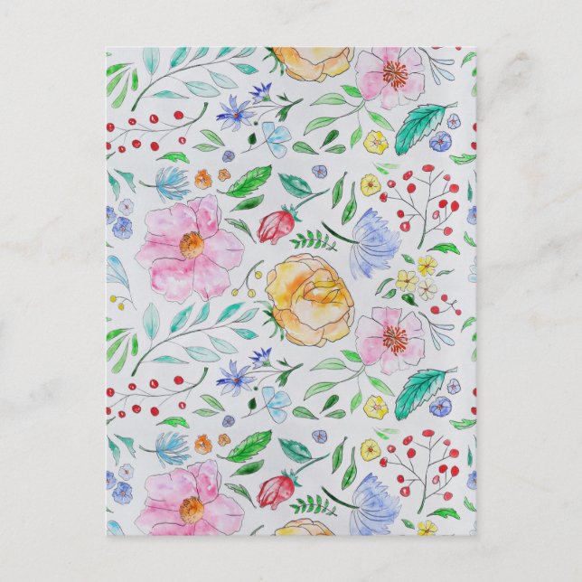 Pretty Light Watercolor Flowers and Buds Pattern Postcard (Front)