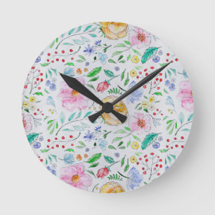 Pretty Light Watercolor Flowers and Buds Pattern Round Clock