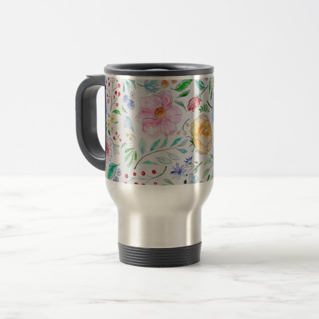Pretty Light Watercolor Flowers and Buds Pattern Travel Mug (Front Left)