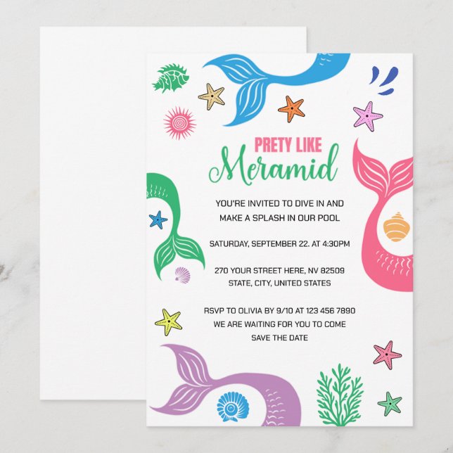 Pretty Like a Mermaid Beach Bachelorette Party Invitation (Front/Back)