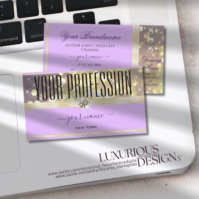 Pretty Lilac Purple Gold Glitter Stars Diamonds Business Card (Creator Uploaded)