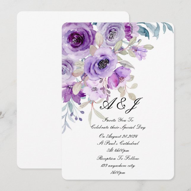 pretty lilac purple wedding invitation (Front/Back)