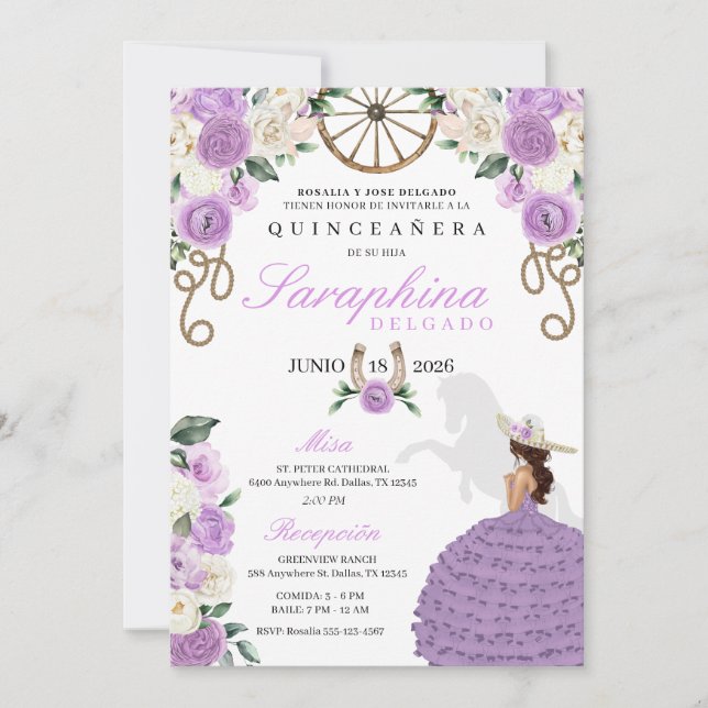 Pretty Lilac Roses Western Cowgirl Quinceañera Invitation (Front)