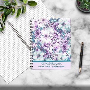 Pretty Lilac/Teal Watercolor Floral Personalised Notebook