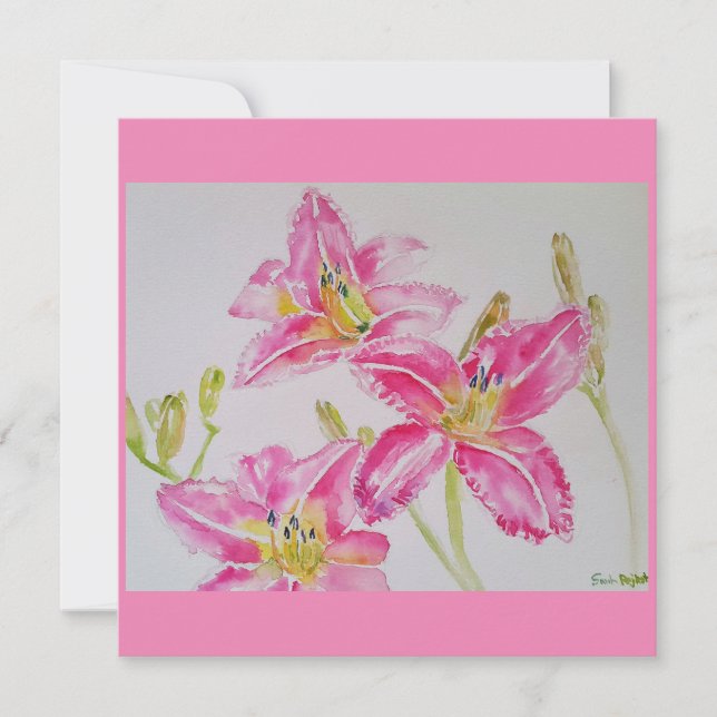 Pretty Lily In Pink Watercolor Painting Flat Card (Front)