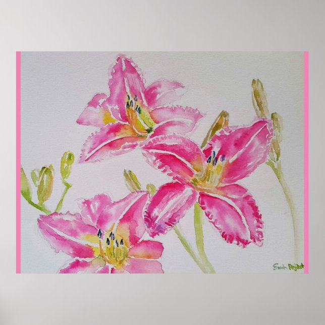 Pretty Lily In Pink Watercolor Painting Poster (Front)