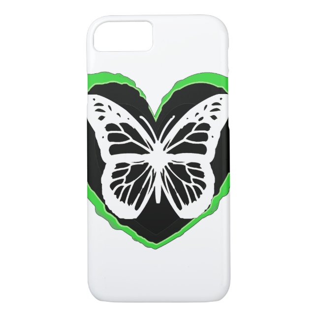 Pretty Lime Green, Black and White Butterfly Heart Case-Mate iPhone Case (Back)