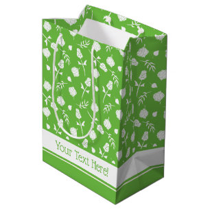 Pretty Lime Green White Roses Rosebud Floral Print Medium Gift Bag