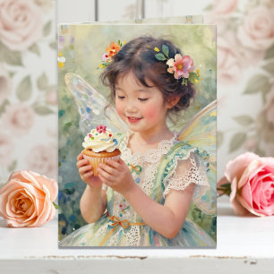Pretty Little Fairy Girl with Cupcake Birthday Card