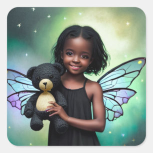 Pretty Little Fairy Girl with Teddy Bear Square Sticker