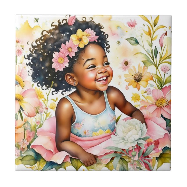 Pretty Little Girl in Pink Flowers Watercolor Art Tile (Front)