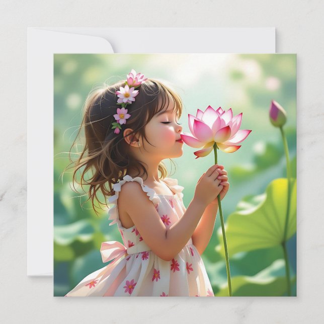 Pretty Little Girl Smelling a Pink Rose (Front)