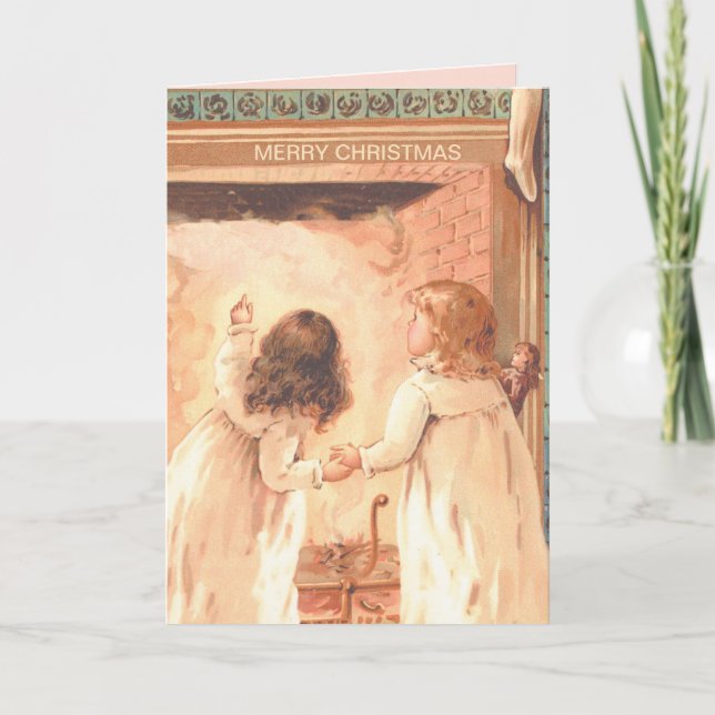 Pretty Little Girls Await Santa Vintage Christmas  Card (Front)