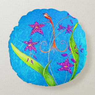 Pretty Little Orchid Bird (Red) Round Cushion