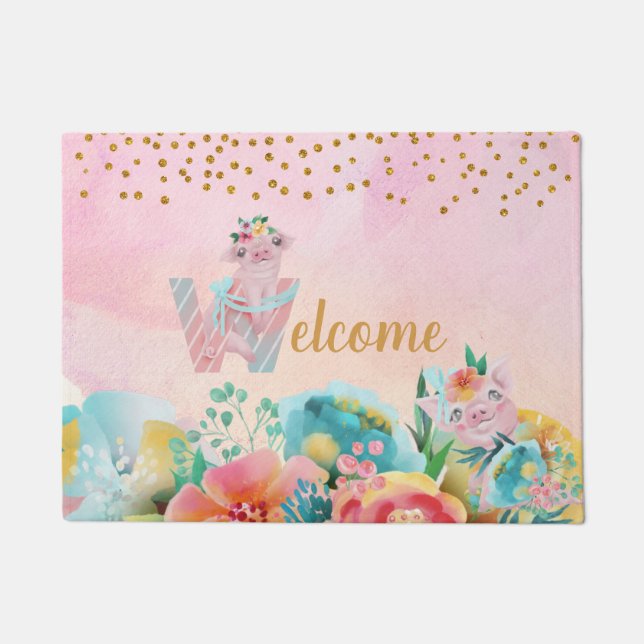 Pretty Little Pig Watercolor Illustration  Doormat (Front)