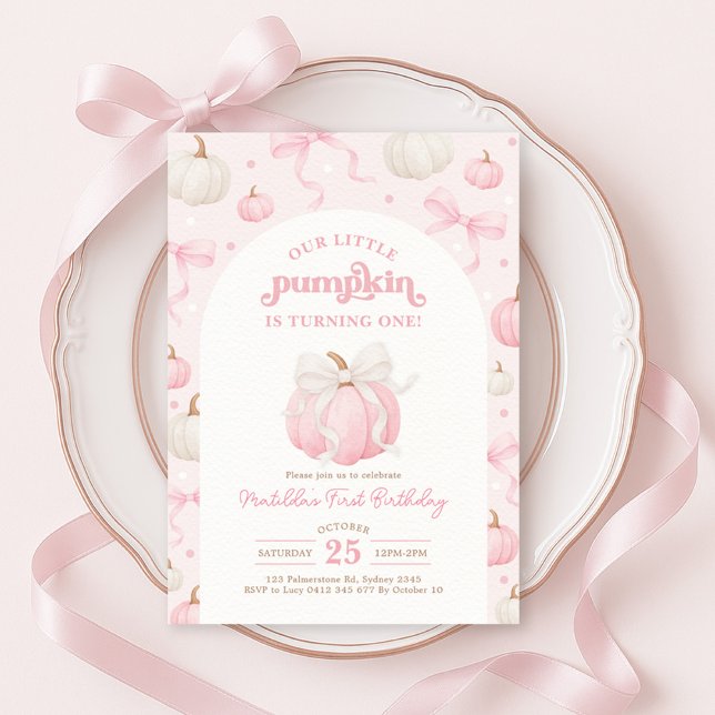 Pretty Little Pumpkin Pink Bow Girl Birthday Invitation (Creator Uploaded)