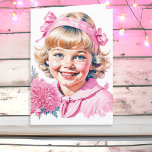 Pretty Little Vintage Girl | Pink Christmas Holiday Card<br><div class="desc">Pretty pink and white Christmas card with a vintage little girl smiling with ribbons and flowers Victorian old-fashioned style Christmas.</div>