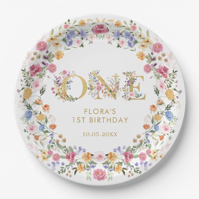 Pretty Little Wildflower Girl 1st Birthday Party Paper Plate (Front)