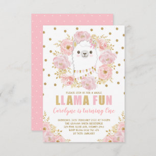 Pretty Llama / Pink Gold Floral Alpaca Birthday Invitation