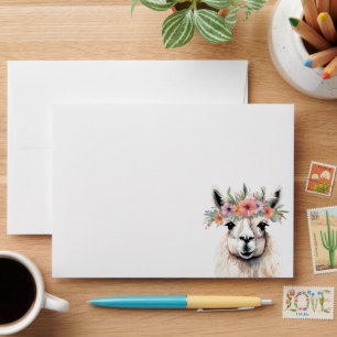 Pretty Llama Watercolor Floral Crown Birthday Envelope