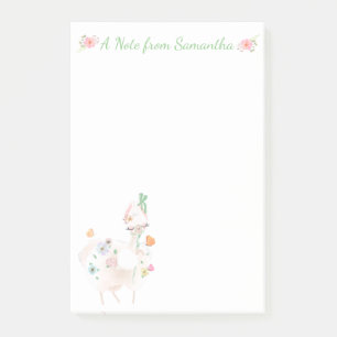 Pretty Llama with Flowers and Green Ribbon Post-it Notes