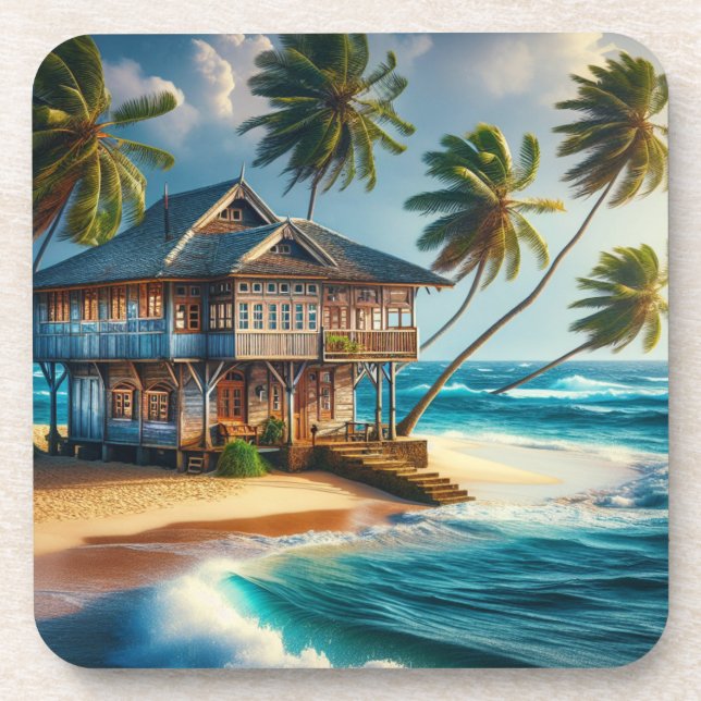 Pretty Log Cabin Beach House   Coaster (Front)