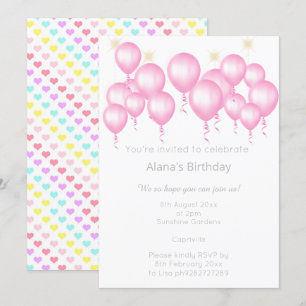 PRETTY LOVE HEART BALLOON PINK BIRTHDAY INVITATION