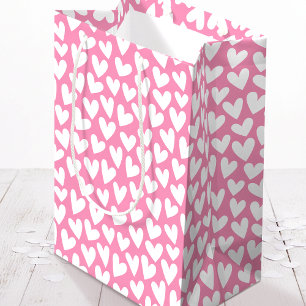 Pretty Love Heart Pattern Pink White Valentine Medium Gift Bag
