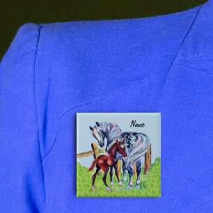Pretty Loving Mother Horse with Brown Colt Grass 15 Cm Square Badge