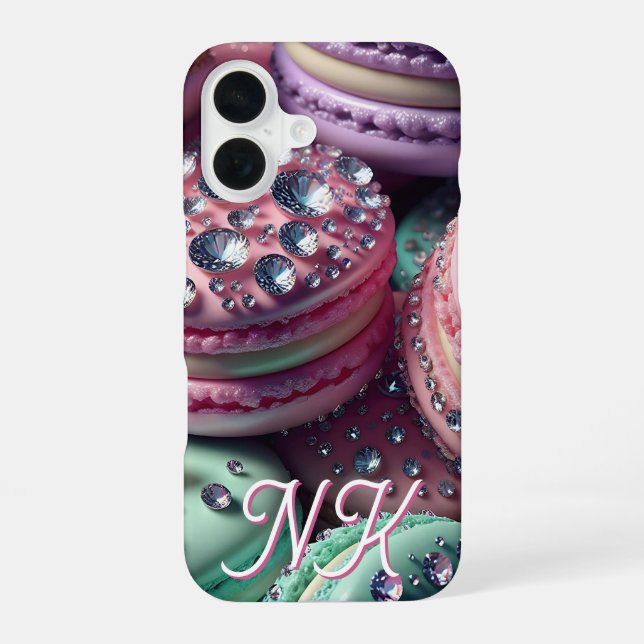 Pretty Macaron Bling Monogrammed iPhone 16 Case (Back)