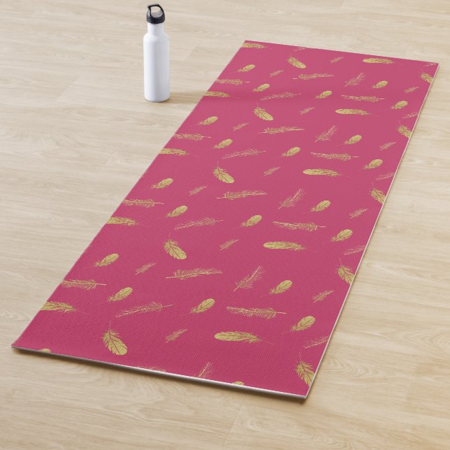 Pretty Magenta and Golden Feathers Yoga Mat (In Situ)