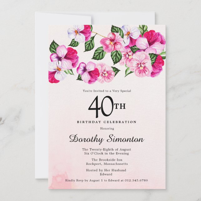 Pretty Magenta Pink White Floral 40th Birthday Invitation (Front)